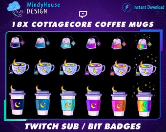 Cottagecore Coffee Mug Twitch Sub Badges, Cute Twitch Bit Badges