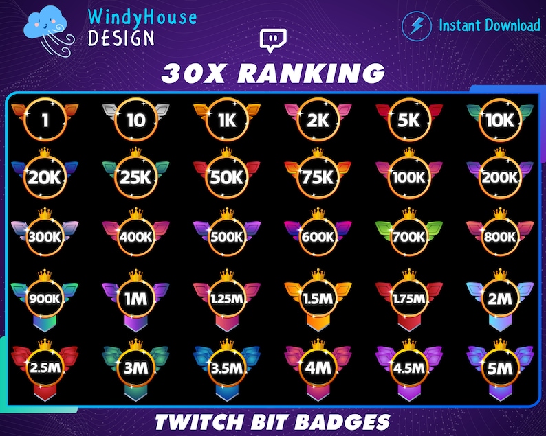 30x Ranks Twitch Bit Badges, Crowns Twitch Bit Badges Set, Twitch Tier ...