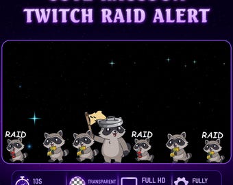 Animated Raccoon and Trash Raid Twitch Alert, Cute Raccoon Stream Alert, Bonus Twitch Discord Emotes for Streamer, Vtuber (.WEBM, .GIF)