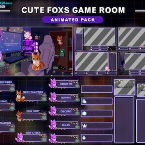 Animated Twitch Overlay Cute Fox Game Room, Animated Stream Package Lo-fi Game Room with Nine Tailed Fox