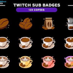 12x Coffee Mugs Twitch Sub Bit Badges/ Coffee Twitch Badges Set/ Coffee Milk / Twitch Tier Badges