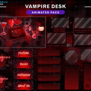 Animated Halloween Vampire Desk Stream Package, Gothic Twitch Overlay with Black Rose, Blood, Skull, Bat, Potions for VTubers, Streamer