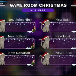 Animated Stream Alerts Winter Cat Lo-fi Room, Christmas Cat Twitch Alerts, Cozy Game Room with Christmas Tree, Snow Falling...