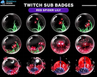 Twitch Sub Badges Rote Spinne Lilie Set, Katana Badge mit Blutmond, Anime Horror Badge, Japanische Blume Emotes für VTuber Streamer
