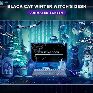 Animated Stream Screen Witch&#39;s Desk with Black Cat in Winter Forest, Mystic Twitch Overlay with Ghosts, Snow, Snowman, Plants...