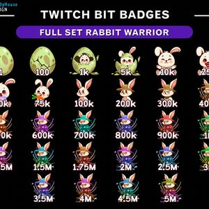 May include: A collection of Twitch Bit Badges featuring a rabbit warrior theme. The set includes various badges with egg and rabbit designs, ranging from 1 to 5M. The badges are in different colors and styles, perfect for streamers.