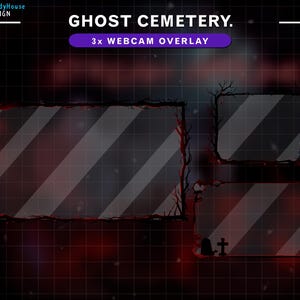 Puede incluir: Una superposición digital para streaming con una escena de cementerio espeluznante con tres marcos rectangulares. Los marcos están colocados sobre un fondo rojo oscuro con un patrón de cuadrícula. El texto "GHOST CEMETERY. 3x WEBCAM OVERLAY" está en la parte superior de la imagen.