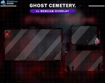 May include: A digital overlay for streaming featuring a spooky graveyard scene with three rectangular frames. The frames are set against a dark red background with a grid pattern. The text "GHOST CEMETERY. 3x WEBCAM OVERLAY" is at the top of the image.