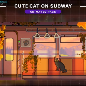 May include: A black cat sits on a red and orange subway seat. The cat has yellow eyes and is looking to the left. The subway carriage is empty and has a window with a sunset view. The carriage is decorated with vines and leaves.