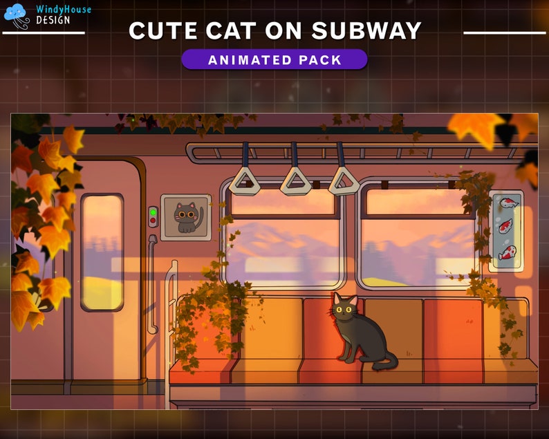 May include: A black cat sits on a red and orange subway seat. The cat has yellow eyes and is looking to the left. The subway carriage is empty and has a window with a sunset view. The carriage is decorated with vines and leaves.