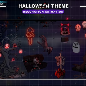 Könnte beinhalten: Halloween-Themen-Digitalillustrationen mit einem gruseligen Baum, einem Geist, einem Skelett, einer gruseligen Maske, einem Schädel, einem Stuhl, einem Headset und einer Truhe. Der Text "HALLOWEEN THEME DECORATION ANIMATION" befindet sich oben im Bild.
