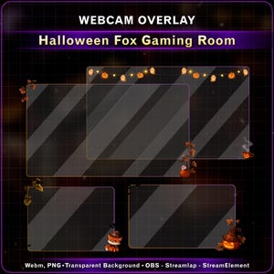 May include: A digital webcam overlay set titled Halloween Fox Gaming Room, featuring multiple rectangular frames with transparent centres, decorated with orange pumpkins, ghost string lights, autumn leaves, and a small fox wearing a witch hat.