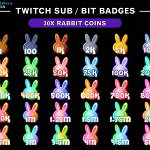 30x Colorful Rabbit Coins Twitch Bit Badges, Bunny Bit Badges Set, Twitch Tier Badges For Streamers/Discord