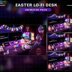 May include: Animated Easter-themed desktop background with a computer, keyboard, microphone, and other accessories. The text "The Stream is STARTING SOON" and "LOADING..." is displayed on the computer screens.