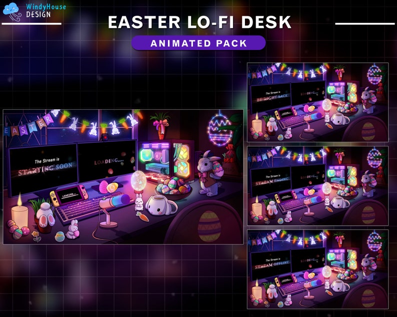 May include: Animated Easter-themed desktop background with a computer, keyboard, microphone, and other accessories. The text "The Stream is STARTING SOON" and "LOADING..." is displayed on the computer screens.
