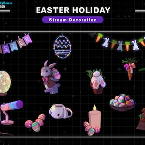 以下が含まれることがあります： イースター休暇のストリーミング装飾セット。卵を持ったウサギ、ニンジンのガーランド、光るイースターエッグ、マイク、コーヒーカップ、キャンドル、卵のバスケット、ニンジンの袋、蝶の入った地球儀などがあります。