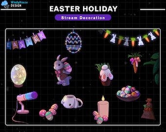 14x ANIMATED Stream Decoration Easter's Day, Deco Twitch Overlay, Kick Overlay with Rabbit, Bunny, Chick Egg, PC Setup