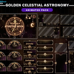 Animated Golden Celestial Astronomy Twitch Overlay, Sun and Moon Tarot, Aesthetic Astrology Theme for Streamers