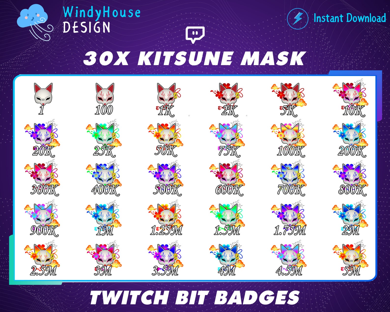 30x Kitsune Mask Twitch Bit Badges / Complete Twitch Bit Badges Set ...