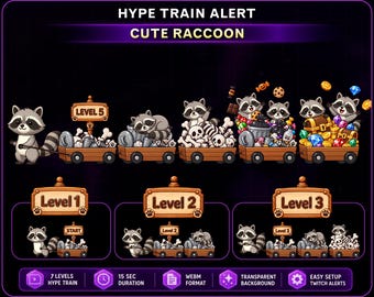 Animated Cute Raccoon Hype Train Alert, Raccoon Twitch Hype Train with Treasure Cart for OBS Streamlabs Kick VTuber