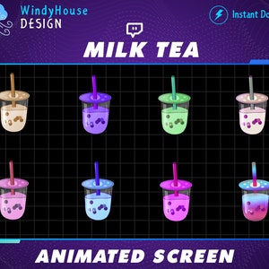 May include: Animated screen display with eight different milk tea variations. Each cup has a different color and boba pearls. The text "MILK TEA" is at the top of the screen and "ANIMATED SCREEN" is at the bottom.