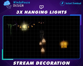 Op de afbeelding: Drie hangende lichtdecoraties voor streaming. De lichten zijn in de vorm van lantaarns en bellen. De lichten bevinden zich op een zwarte achtergrond.