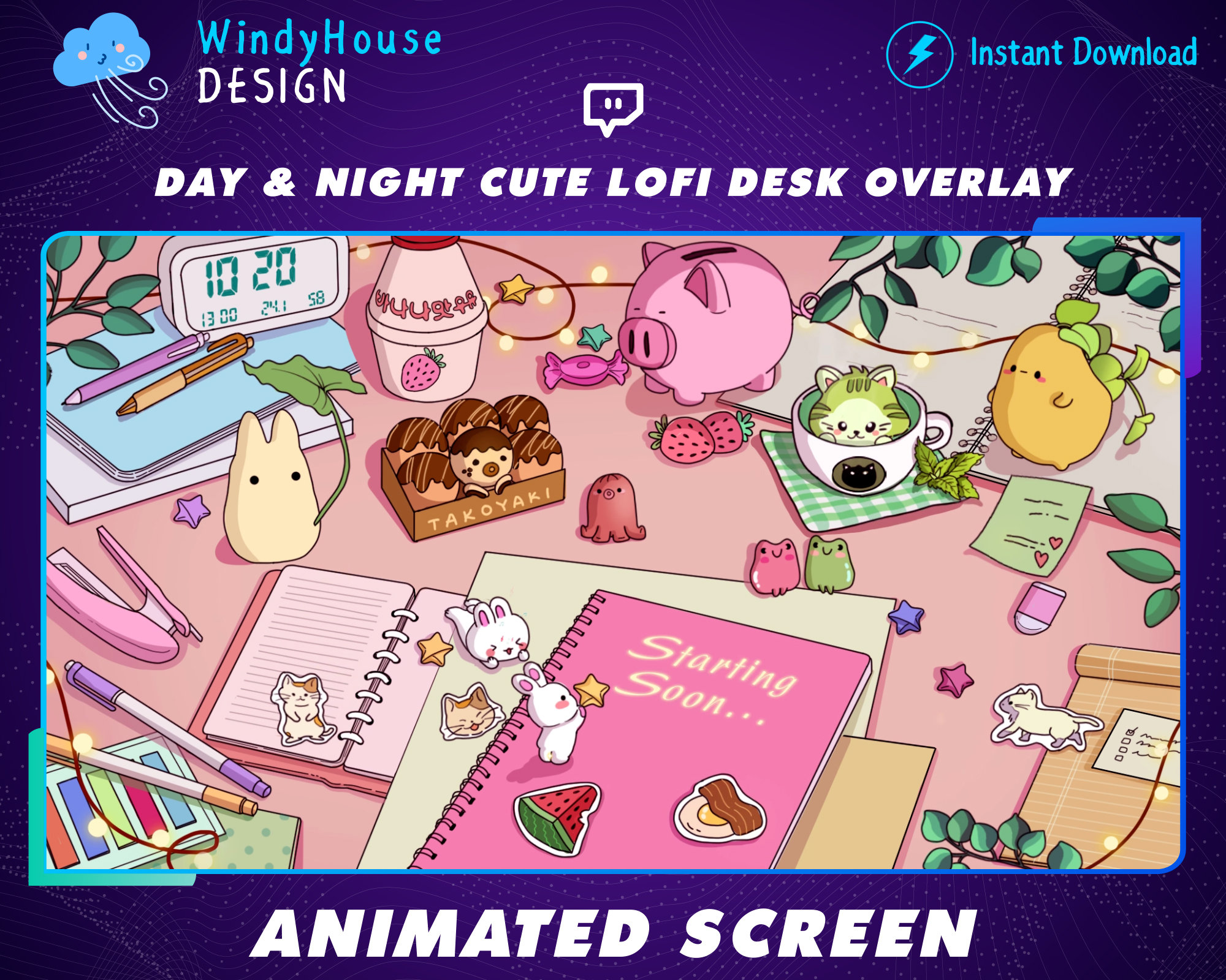 Animated Day & Night Lofi Desk Twitch Overlay Stream Screen, Cozy ...