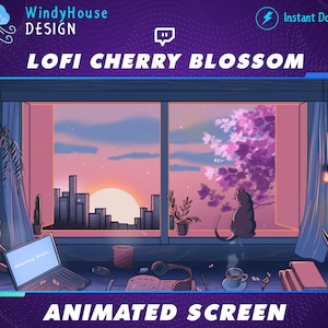 Animated Lofi Desk Twitch Scenes, Lofi Sakura Cherry Blossom, Kitty Cat Watching Sakura, Sunset Overlay, Flower, Cute Graphics