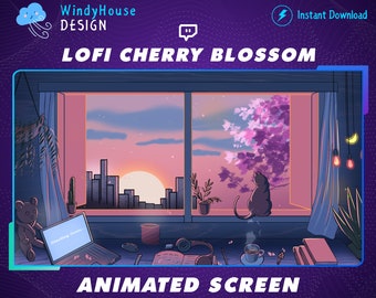 Escenas animadas de Twitch de escritorios Lofi, flores de cerezo Lofi Sakura, gatito mirando Sakura, superposición de puesta de sol, flores, gráficos lindos