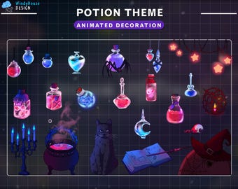 25x Animated Witch Theme Stream Decoration, Gothic Twitch Overlay with Poison, Ghost, Skull, Candle...