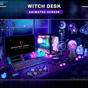 Pantallas animadas de Twitch Escritorio de brujas, superposición de Twitch gótica con tarjeta Tarrot, configuración de PC, fantasma, calavera, vela, veneno...