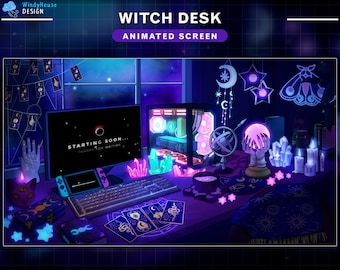 Animated Twitch Screens Witch Desk, Goth Twitch Overlay with Tarrot Card, PC Setup, Ghost, Skull, Candle, Poison...