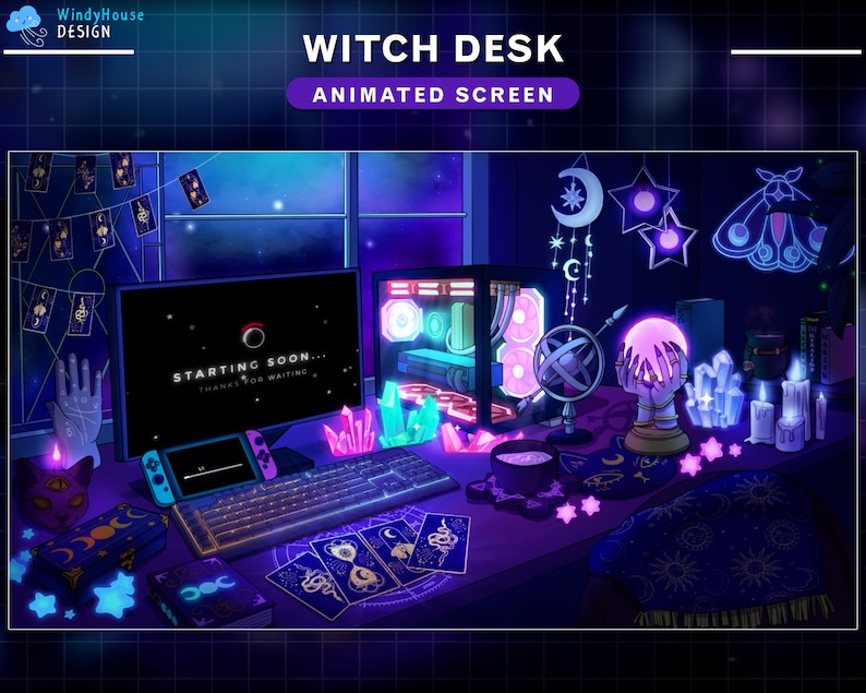 Witchy Computer Workspaces Animated Twitch Screens Witch Desk, Goth Twitch Overlay With Tarrot ...