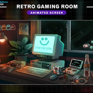 Puede incluir: Una sala de juegos retro con un monitor de computadora que muestra una carita sonriente y el texto "Starting Soon." La habitación está decorada con luces de neón, una planta en maceta y varias consolas de juegos y accesorios.