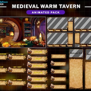 Animerat Stream-paket för varm tavern | Mysigt Twitch-överlägg med medeltida fantasy-tavern och regnig atmosfär för Streamer- och Vtuber-bakgrund