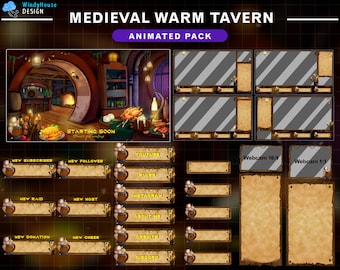Forfait animé Warm Tavern Stream | Superposition Twitch de taverne médiévale fantastique confortable avec une ambiance pluvieuse pour un streamer et un fond Vtuber