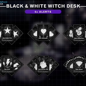 May include: Black and white witch desk design with six alert cards. Each card features a unique graphic and text, including "New Subscriber," "New Follower," "New Donation," "New Raid," "New Gifted Sub," and "New Cheer."