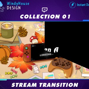 Puede incluir: Una ilustraci&oacute;n digital de una transici&oacute;n de transmisi&oacute;n en oto&ntilde;o con una Nintendo Switch, un mando de juego, una calabaza, una vela y una variedad de decoraciones de oto&ntilde;o. El texto "Collection 01" y "Transici&oacute;n de transmisi&oacute;n" tambi&eacute;n se incluye en la imagen.