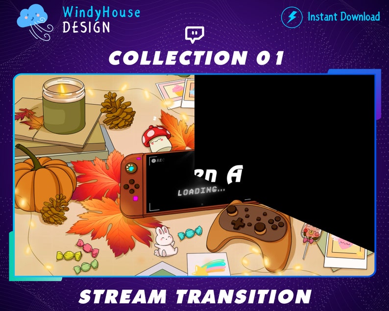 Puede incluir: Una ilustraci&oacute;n digital de una transici&oacute;n de transmisi&oacute;n en oto&ntilde;o con una Nintendo Switch, un mando de juego, una calabaza, una vela y una variedad de decoraciones de oto&ntilde;o. El texto "Collection 01" y "Transici&oacute;n de transmisi&oacute;n" tambi&eacute;n se incluye en la imagen.