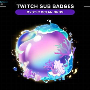 Op de afbeelding: Een paarse en blauwe iriserende bol met een parel erin, omringd door koraal, zeewier en water. De bol gloeit in een geel licht. De tekst "TWITCH SUB BADGES MYSTIC OCEAN ORBS" staat bovenaan de afbeelding.