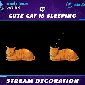 Animated Cute Cat Sleeping Stream Decoration, Kitty Cat Twitch, Tabby Cat Stream Add-on Kawaii Twitch Overlay...