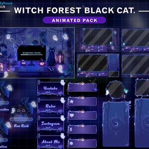 Pacote de transmissão animada: Mesa de bruxa, gato preto na floresta, sobreposição mística do Twitch com fantasma fofo, bule fantasma, plantas...