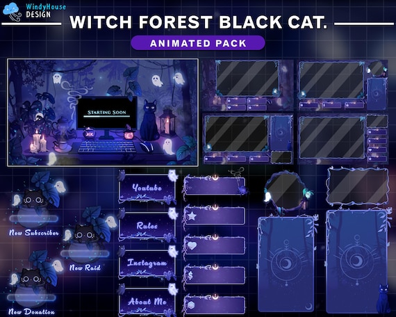 Animated Stream Package Witch Desk Black Cat in Forest, Mystic Twitch Overlay with Cute Ghost, Ghost Teapot, Plants...