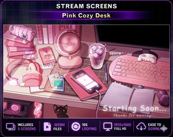 Pink Cozy Desk Stream Screens, Kawaii Gaming Room Animated Twitch Overlays, Back to School Background for OBS,  Vtuber