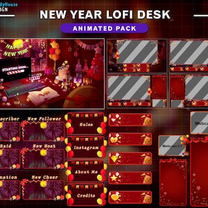 Animated New Year Stream Package, Firework Twitch Overlay, NYE Twitch Overlay with Champagne, Balloons, Night Sky...