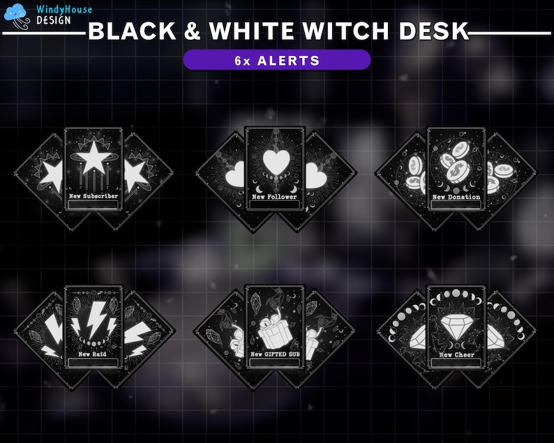 May include: Six black and white alert cards with different icons and text. The icons include a star, a heart, a coin, a lightning bolt, a gift box, and a diamond. The text includes "New Subscriber", "New Follower", "New Donation", "New Raid", "New Gifted Sub", and "New Cheer".