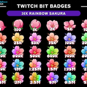 30x Rainbow Sakura Twitch Bit Badges / Cherry Blossom Twitch Sub Badges / Complete Twitch Bit Badges/ Twitch Tier Badges / Number Bit Badges