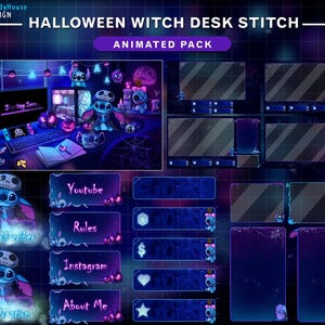 May include: A digital animated pack with a Halloween theme. The design features a Stitch character in a witch costume, with a dark blue and purple color scheme. The pack includes overlays for streaming platforms, with text labels like "Youtube", "Rules", and "About Me".