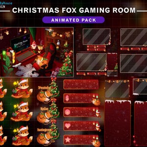 Peut inclure: Pack de superposition Twitch de salle de jeu de renard de Noël animé avec un thème de couleur rouge et blanc. Le pack comprend un écran de démarrage imminent, un écran YouTube, un écran de règles, un écran Instagram et divers personnages de renard animés.
