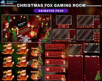 Könnte beinhalten: Animiertes Twitch-Overlay-Paket für den Weihnachts-Fuchs-Gaming-Raum mit rotem und weißem Farbschema. Das Paket enthält einen Startbildschirm, einen YouTube-Bildschirm, einen Regelbildschirm, einen Instagram-Bildschirm und verschiedene animierte Fuchsfiguren.